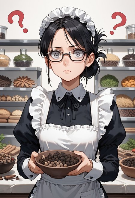 score_9, score_8_up, score_7_up, score_6_up, (Herbs_Morf), 1girl, confused, clagwimoth, confused, ?, portrait, cowboy shot, maid, long dress, white apron, maid headdress, gray eyes, glasses, black hair, folded ponytail, confused expression, holding up a bowl of herbs and spices