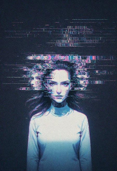 80s-anime-ai, neon-pastel glitched ascii_art, fpv, Fist Person View, Female Dentist looking down to Viewer, mask, crazy glitched head looking down to you, Bright surgery light,