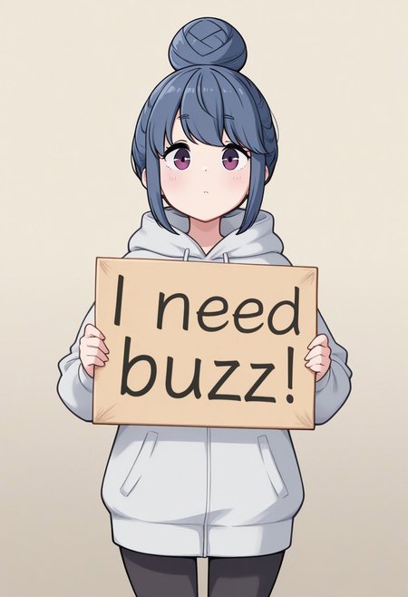 1girl, standing, shimarin, hairbun, need_buzz, holding sign