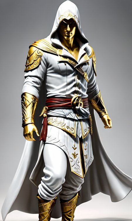 a statue of a man wearing a hood, best quality, masterpiece,  <lora:cstatuesdxl:0.8>, cstatuesdxl, white and gold, assassin's creed ii, ezio auditore da firenze,