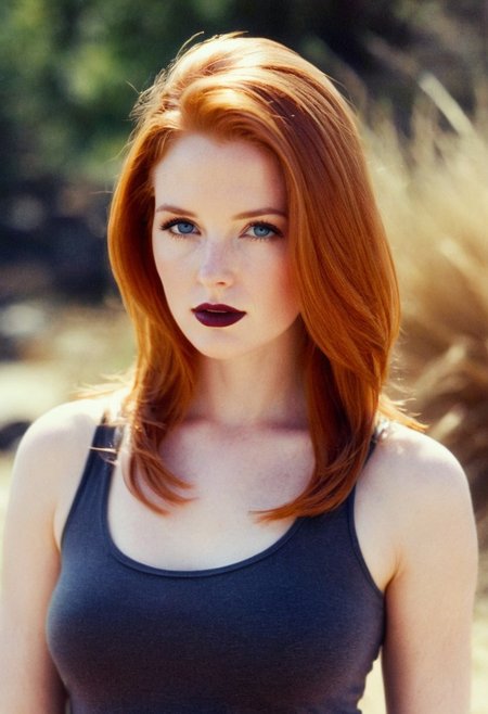 ((analog)) photo ginger woman outdoors, (provocative expression), glossy dark lipstick, blue eyes, tank top, soft focus, depth of field, ((looking at viewer, film grain, masterpiece)) <lora:EuroBabe-v4-XL:0.6>