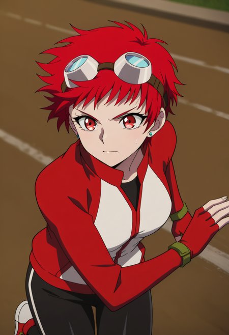 masterpiece, best quality, very aesthetic, 

1girl, solo,

Ximena Victoria, short hair, red hair, red eyes, earrings, stud earrings,

jacket, goggles on head, fingerless gloves, pants,

Running, run, 

Close-up, sit,

Anime coloring,



