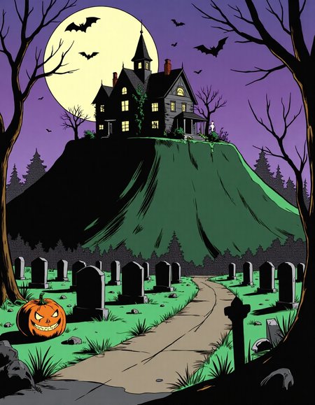 Cartoon_Style_Final, This image is a digital drawing in a style reminiscent of classic American comic books from the mid-20th century. The focus is on a spooky, dilapidated mansion sitting atop a hill, silhouetted against a massive full moon. The house is dark, with broken windows and overgrown vines creeping up its sides. In the foreground, a winding path leads through a misty graveyard, with crooked tombstones and skeletal trees casting long, eerie shadows. A single jack-o’-lantern with a sinister grin glows dimly at the base of the hill. The sky is a deep purple, and bats fly across the moonlit sky. The style features bold outlines and flat, contrasting colors, emphasizing the haunted, creepy atmosphere of Halloween night.