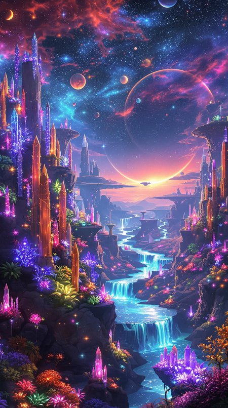 In a stunning celestial tableau, a distant planet's landscape unfolds: towering, iridescent flora illuminates against a backdrop of floating islands suspended within a radiant nebula. Crystalline formations and glowing, extraterrestrial plants mingle amidst rivers of shimmering liquid light, casting an ethereal glow across the terrain. In the distance, luminescent creatures blend seamlessly with the fantastical environment, as multiple moons and a giant, ringed planet dot the horizon, further elevating the surreal beauty of this alien world.
