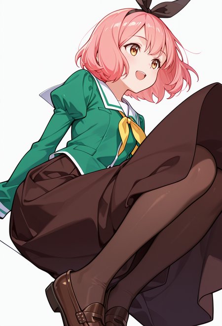 masterpiece,high quality details,absurdres, 
 <lora:Koshiba_Mai:0.8>
mar_cnr, 1girl, pink hair, short hair, bangs, brown eyes,black hairband,
mar_s1,green shirt, white sailor collar, serafuku,long skirt,black-brown skirt, juliet sleeves,pantyhose, loafers,, simple background, white background, dynamic angle,solo,, \(^o^)/,