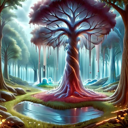 a tree made out of slime, dense-forest, Yggdrasil, a vast tree made out of slime, A large tree made out of slime, brown slime tree, translucent tree, transparent tree, trees made out of slime, 
everything made of slime, No simple background, ((slime tree)), detailed leaves, detailed bark texture, 
overcast sky, natural light, no bright spots, 
((translucent slime)), ((transparent slime)), (bioluminescent slime), sl1m3, slime, slime-morph, ais-blmn, saturated colors, no creatures, no monsters, no pokemon, scenery only, scenery, ral-lava, watce