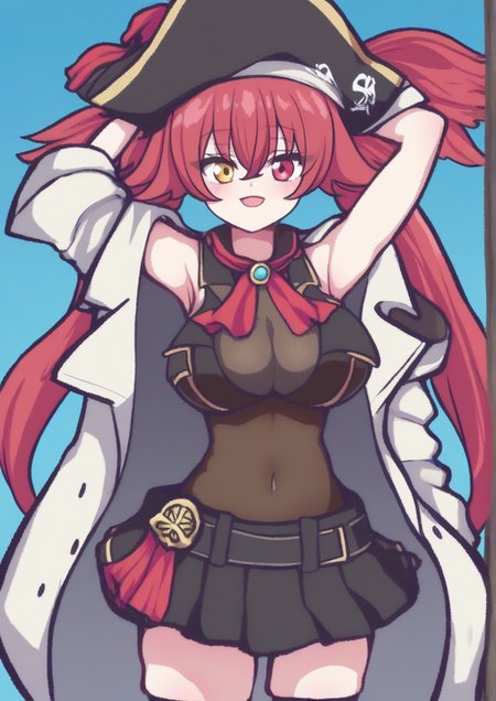 1girl, houshou marine, houshou marine (1st costume), by kodoto, arm up, armpits, breasts, coat, covered navel, gloves, hat, heterochromia, large breasts, leotard, long hair, looking at viewer, pirate, pirate hat, red eyes, red hair, skirt, sleeveless, solo, thighhighs, twintails, yellow eyes,    <lora:Panatisia:1>