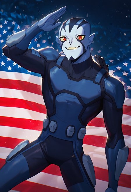 masterpiece, best quality, amazing quality, very aesthetic, absurdres, newest,
<lora:rook-10:1> rook, male focus, colored skin, alien, 1boy, yellow sclera, blue skin, white face, , red eyes, pointy ears, 
 blue bodysuit, armor, 
american flag background, salute, dynamic pose, smile, fangs,
