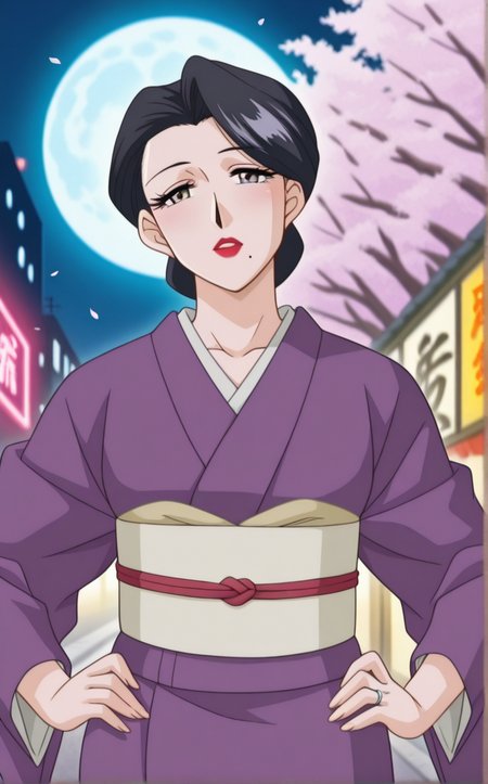 masterpiece, best quality, insaneres, absurdres,contrapposto, hands on own hips, head tilt, cherry blossoms, neon lights, city lights, street, vanishing point, falling petals, night, full moon, depth of field,  <lora:ILLUSTXL_MistreatedBride_SumieTakayanagi_ownwaifu:1>, BREAK PurpleKimono_SumieTakayanagi_ownwaifu, 1girl, black hair, breasts, grey eyes, japanese clothes, lipstick, makeup, mature female, mole under mouth, purple kimono, red lips, single hair bun, obi, sash, short hair, long sleeves, collarbone, hair bun, eyelashes, lips, swept bangs, wedding ring, wide sleeves, white skin,