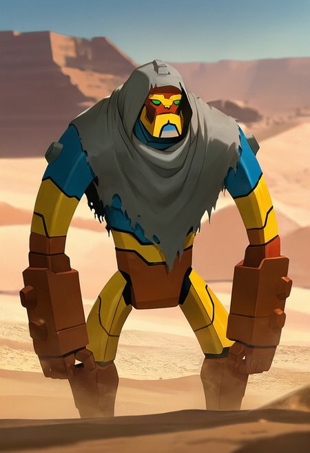 masterpiece, best quality, amazing quality, very aesthetic, absurdres, newest,, detailed background, 
 movie scene, cinematic scene, cinematic, foreground blur, depth of field, 
bloxx, robot, mecha, solo, armor, green eyes,, massive arms, upper body, , big head, massive head, short legs, 
in desert, sand dunes, cloaked up, wearing cloak, grey cloak, torn cloak, grey scarf, pyramids, stone constructs, hood up,