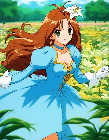 score_9, score_8_up, score_7_up, source_anime, rating_explicit, BREAK <lora:Tanima_Yuri_XL:1>Tanima_Yuri, 1girl, solo, long hair, brown hair, green eyes, antenna hair, breasts, 1990s (style), smile,
light blue dress,  lily (flower), 
hair flower, hair ornament, jewelry, gloves, tree, blue dress, long sleeves, earrings, outdoors, choker, puffy sleeves, looking at viewer, gown