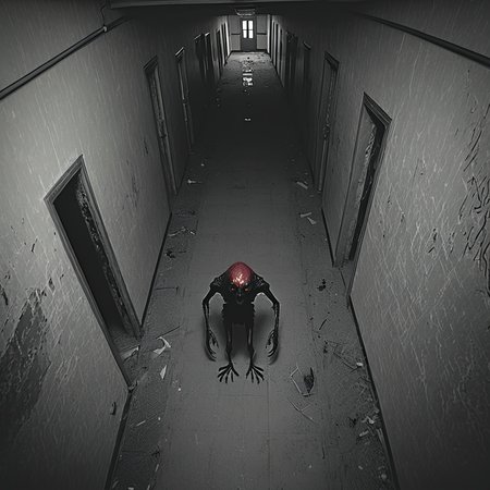 horrorcctvlora, abandoned hallway, horror (theme), monster, monochrome, bird view