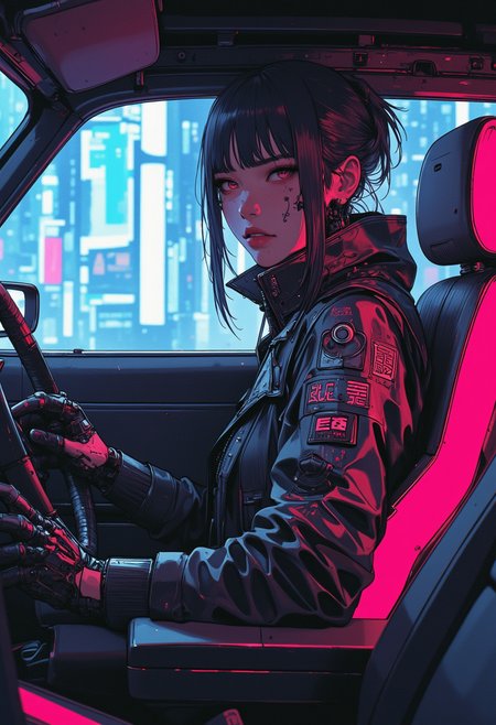 Image is a masterpiece quality, high resolution digital fantasy artwork featuring the a beautiful female soldier inside a muscle car driving through a cyberpunk city. She's wearing an high collared neon jacket. Outside is the view of a bright neon city. In the background is a skyscrapers, city  extreme wide angle shot. <lora:s1n0z1ck_style_FG_Flux_Lora:0.75> <lora:Niji_anime_style_flux:0.75> <lora:CyberPunkAnimeStyle_FLUX:0.6>