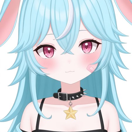 nano, ahoge, bunny ears, bandaid on cheek, blue hair, blush, crop top, hair between eyes, pink eyes,  solo, star \(symbol\), virtual youtuber, collar with spikes, solo, 
close up, portrait, sfw,
 <lora:NANO-XL-t2-000002:0.6>