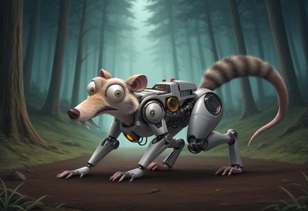 High quality, Giant transformer beast scrat like, Bulging eyes bushy tail, skinny, (robotic transformer:1.2), holding a big mechanic acorn with digital parts and LED lights,  <lora:Scrat_Ice_Age_PONY:0.75> Scrat, intense (looking to viewer:1.1), on all fours running quadruped in the forest