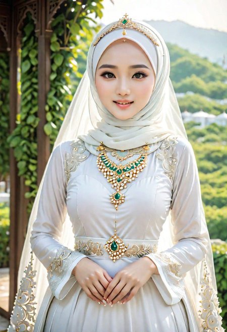a asian woman posing a picture of wedding wearing wedding set and white hijab, have queen attire, wedding decoration scene, wrong, BadDream, hijabdress, krface1