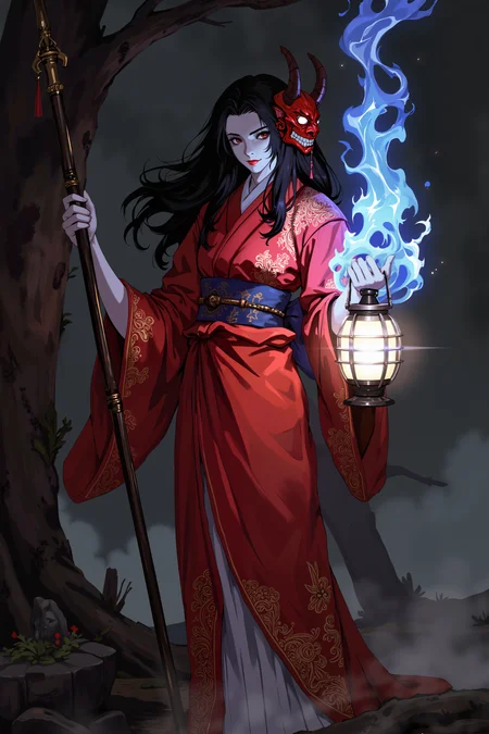 a somber, ghostly figure in traditional Japanese attire. The figure, with pale skin and long black hair, wears a flowing red kimono with intricate designs. They hold a glowing lantern and a staff, surrounded by ethereal blue flames. A red demon mask floats near their face. The background is dark and foggy, with a large tree trunk visible to the left. The atmosphere is eerie and mystical. , detailed background  Fantastic lighting. Detailed shadows.intricate details, vivid colors, hyper-detailed, ultra-sharp, , <lora:XRSTYLE_FLUX:0.5><lora:RetroAnimeFluxV1:0.4><lora:MoriiMee_Gothic_Niji_Style_FLUX:0.3>