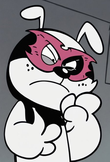 (score_9 | score_8_up | score_7_up) ((masterpiece:1))(best quality,very high quality,ultra detailed:1.2) (2D,cartoon style,anime style)(Smooth:2)(clean blurring) (four fingers on each hand,one thumb on each hand:1), solo, cartoon, score_7_up, charles, dog, black spot on left eye, white, happ, purple mask, mask of the beast, mask, 0% transformation