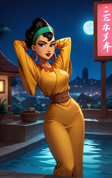 score_9, score_8_up, score_7_up, score_6_up, looking at viewer,  BREAK
MainOutfit_EmprorerGroove_Chicha_ownwaifu, 
1girl, black hair, dark-skinned female, jewelry, black eyes, makeup, lipstick, short hair, headband, hairband, red lips, hair bun, breasts, hoop earrings, single hair bun,
yellow dress, long sleeves, wide sleeves, japanese clothes, belt, orange dress, sash, 
(contrapposto, arms behind head), neon_lights, cityscape, night, pool, full moon, outdoors, <lora:PONYXL_EmprorerGroove_Chicha_ownwaifu:0.9> , depth of field, solo,