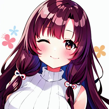 yukimi onechan,solo,1girl,<lora:yukimi onechan:0.8>,long hair, one eye closed, brown hair, selfie, smile, large breasts, brown eyes, flower, white sweater, blush, looking at viewer, ribbed sweater, upper body, closed mouth, reaching towards viewer, v, turtleneck, long sleeves, parted bangs, floral background, turtleneck sweater, very long hair,