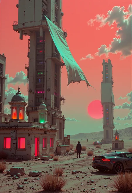 highest details, ultra hyper realism. highly detailed and realistic. intricate and highly professional artwork, an absolute masterpiece.
Monochrome with color accents, retro scan of 80s-anime-ai spectral neon gradient, a hauntingly dystopian 80s sci-fi aesthetic. Dark space tones, lofi retro-futuristic design, neon-pastel colors, grainy, vintage. A digital painting in the style of ck-js, Zelda-inspired towering solar sails amidst a barren wasteland. Colossal, weathered solar sails rise like skyscrapers into a pale, crimson sky, some fully extended to capture the dwindling energy of the sun, while others hang tattered and broken, their massive frames exposed to the elements. Beneath the sails lies a desolate desert of cracked, arid earth, littered with remnants of abandoned structuresâa translucent, decaying plastic mansion and glowing observation towers emitting faint neon hues of pink, green, and blue. The horizon is muted gray and beige, with swirling sand clouds that catch the dim light of a fractured, dystopian sun. The composition is cinematic, with volumetric lighting and a dusty atmosphere, soft shadows, and a shallow depth of field. Film grain adds a vintage, National Geographic-style texture to the scene, evoking both wonder and despair in this hyper-detailed, hyper-realistic masterpiece. The overall atmosphere captures the melancholic beauty of humanityâs once-grand technological ambitions now left to decay.
<lora:neon-mist03:0.8> neon-mist  <lora:GrainScape:0.8> 8n8log, film photography aesthetic, film grain effect prominent throughout image, high contrast lighting creating dramatic shadows, grainy film-like texture  <lora:artilands_v02_epoch_6:0.25>