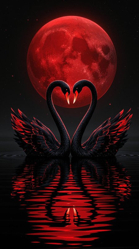 A cinematic illustration of two swans entwined as a heart shape in the still waters of a serene lake. The swans are artfully painted in a striking black and sleek red design. The vibrant red accents draw the eye, creating a bold and eye-catching contrast against the deep, enigmatic black background. The full red moon casts its ethereal glow on the scene, adding to the mystique. The overall effect is a striking conceptual art piece that explores the themes of love, passion, and the unknown.
