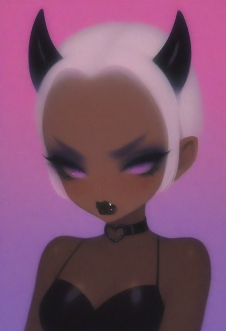 petrasvoice,  vivid colors,  demon girl, horns, large purple eyes, black lipstick, mascara, grumpy, fangs, loveheart background, 