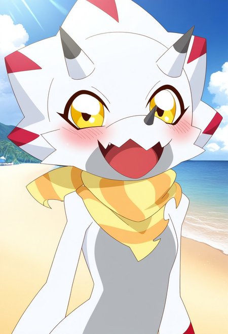 score_9, score_8_up, score_7_up,8k,(masterpiece,best quality)),best res,,good anatomy,cute,(sexy:1.3),ultra cute, ,face,hot,female,smiling,extremely detailed face,4k,happy, upper body,,detailed eyes,beautiful,smiling,,cute,very cute,upper body,tall,arms,,  blush, perfect lighting, hips, skinny,,smiling,tall female,gammamon, solo, smile, open mouth, yellow eyes, horns, scarf, no humans, fangs, beach, digimon (creature), yellow scarf