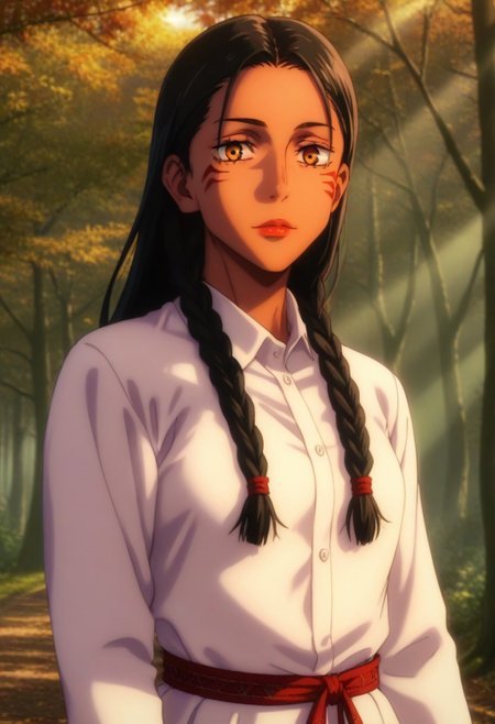 score_9, score_8_up, score_7_up, source_anime, intricate details, anime screencap, perfect balance, official art, extremely detailed CG unity 8k wallpaper, perfect lighting, Colorful, Warm_Front_face_Lighting, (masterpiece:1.0),(best_quality:1.0), ultra high res,4K,ultra-detailed, photography, 8K, HDR, highres, absurdres:1.2, Kodak portra 400, blurry background, bokeh, lens flare, (Anime) (vibrant_color:1.2), professional photograph, night, (good_face:1.2), 2d, anime, upper body, intricate iris, American, Professional character design, 1girl, female focus, (Orange amber eyes), perfect eyes, (black-hair), tanned skin, dark skin, Native American, Indigenous, American Indian, Tribal, feathers, Tribal_braids, Decorated_braids, white dress shirt, bolo tie, black_leather_jacket, Black-Western-Fringe-Jacket, youthful, solo, jujutsu_kaisen_style, character portrait, (perfect-lighting, lens flare), face, torso, (Friendly), young, (redwood forest, nature), (Dark-black-hair), Long hair, Wild hair, feathered hair, tanned skin, Native American, Indigenous, American Indian, Tribal, feathers, Tribal_braids, Decorated_braids, Feathers-in-braids, white dress shirt, (bolo-tie), Black-Leather-Fringed Jacket, (Black-Fringed-Jacket), wild, animalistic, energetic, hyper, North American, Shimmering-Eyes, Admiration, Pride, (Red, Orange, Yellow, Black) almond-shaped eyes, high cheekbones, strong jawline, (Black Hair)