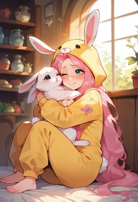 score_9, score_8_up, score_7_up, score_6_up,  <lora:p3tl0v3XLP:1> p3tl0v3, 1girl, fluttershy, wearing bunny onesie, sitting, hugging a white rabbit, in cottage
