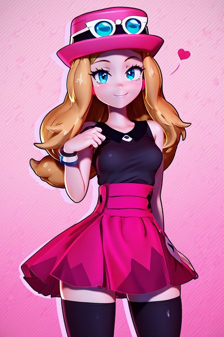 score_9, score_8_up, score_8, medium breasts, (curvy), cute, eyelashes,       BREAK, , BREAK, zzSerena, solo, long hair, blue eyes, eyewear on headwear, pink headwear, eyelashes, sleeveless shirt, black shirt, bracelet, high-waist skirt, red positive:BREAK, skirt, black thighhighs,<lora:SerenaPokemon_PDXL_r1:0.8>, <lora:Zy0n7_PDXL:1.0>, , BREAK,  smile, looking at viewer, cowboy shot,  embedding:zPDXL, Expressiveh, <lora:SDXLFaeTastic2400:0.5>,  <lora:Expressive_H-000001:0.4>,