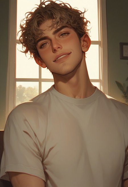 score_9, score_8_up, score_7_up, 1boy, man, adult, tan skin, olive skin, light brown hair, hazel eyes, short hair, messy hair, solo, face focus, PRSNL4 Style, very aesthetic, digital drawing, soft light, detailed background, college, university, day, looking to the side, handsome, t-shirt, athletic build, stubble, light body hair, jock, confident smile, confident, smile, smirk, sinfully stylish, dramatic lighting, long shadows, Semi-realism, morimee_style