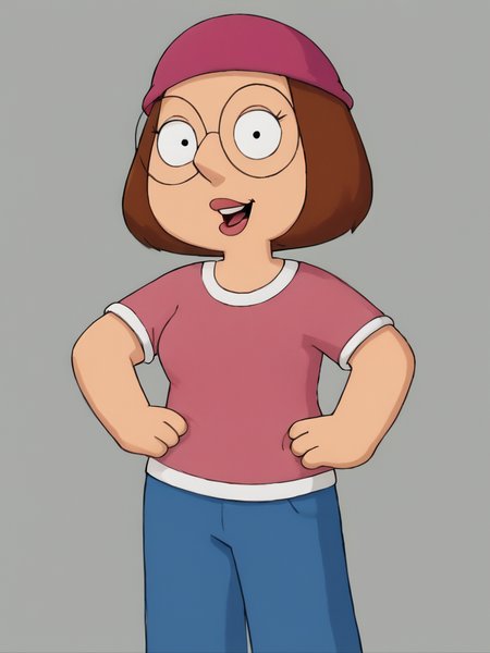 <lora:Meg_Griffin:0.9> meg, brown hair, 1girl, glasses, solo, short hair, pink shirt, blue pants, beanie, smile, thick lips, open mouth,upper teeth only,    looking at viewer, hand on own hip,, score_9, score_8_up, score_7_up, score_6_up, score_5_up, score_4_up,simple background,