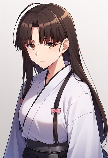 score_9, score_8, score_7, source_anime, shouhou (kancolle), white kimono, long sleeves, strapless, upper body, skirt, closed mouth, black hakama, brown thighhighs