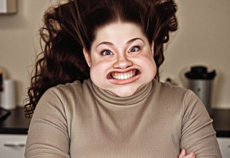 A medium shot photograph of a curvy woman Gina with medium length hair standing in a kitchen. She has curly brown hair, lots of freckles on her nose and forehead, and brown eyes. Shortstack. She is curvy and voluptuous. She is wearing a turtleneck sweater that accentuates her large breasts. She has wide nostrils and a beautiful large smile. plump lips. w1nd8l0wn photo of a squinting woman's perfect teeth. windy. She is wearing lipgloss. big wide open mouth. stretchy flappy lips fully exposing gums and teeth. She is leaning on a counter with her arms crossed, with a flirty look. realistic. high-definition. 