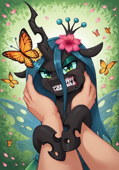 masterpiece, score_9_up, score_8_up, score_7_up, score_6_up, source_pony, (best quality:1.1), ultra-detailed, high resolution, highly detailed macro illustration, solo BREAK queen chrysalis, changeling queen, mlp, feral, female, black skin, shiny skin, (beautiful eyes), long eyelashes, (wings:1.3), (angry expression, cute face:1.2), sharp teeth, head tilted BREAK <lora:guided-hand-on-cheek-ponyxl-lora-nochekaiser:0.9>, guided hand on cheek, hand grab, hand on another's cheek, hand on another's face, looking at viewer, pov, pov hands,  (upper body shot), (close-up) BREAK (floral headpiece:1.4), (fairy-like dress with layered tulle, petals and glowing accents:1.4) BREAK abstract spring background, (flowers:1.4), (butterflies:1.4) BREAK sharp focus, perfect lighting, anatomically correct, extremely detailed, high detail, detailed background, OverallDetail, zPDXL3