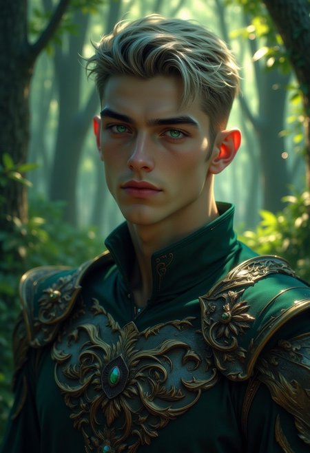 A noble elven guardian with short, sleek hair and an air of calm authority. His eyes are a deep, mystical green, and he wears elegant armor adorned with nature motifs. He stands in a serene, ancient forest with glowing flora.