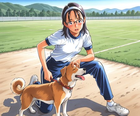 masterpiece, best quality, amazing quality, , 1girl, solo,  gym uniform, pants, outdoors, medium hair, glasses, <lora:Kurita Yuugo style ILL-v2:1.2> kuritayuugo, dog,