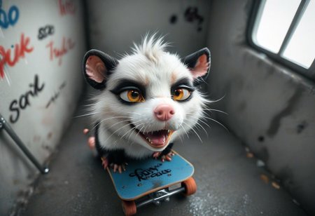 score_9, score_8_up, score_7_up, score_6_up, source_furry, source_3d, 
BREAK opossum, small, grey fur, white fur, pink nose, black ears, whiskers, black markings, pink paws, black tail, yellow eyes, open mouth, teeth, tongue, black lips, pink backwards hat, black sunglasses, pink bow tie, possum, 
BREAK opossum is preforming a hand stand, opossum is on a skateboard, opossum feet are up in the air,opossum is riding the skateboard, opossum is riding the skateboard down a railing, skateboard grinding on railing, 3d,detailed, realistic, full shot, dynamic pose, birds eye view, from above, opossum focus, detailed skateboard, realistic skateboard,
BREAK subway, station, staircase, railing, railing down centre of staircase, white tile walls, blue tile staircase, ceiling pipes, florescent lights, skatebingbing