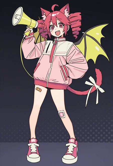 masterpiece,best quality,amazing quality,
1girl, animal ears, megaphone, tail, cat ears, kasane teto, drill hair, twin drills, bandaid, cat tail, solo, fang, sneakers, ahoge, shoes, open mouth, jacket, pink eyes, bandaid on leg, smile, full body, holding, wings, looking at viewer, pink hair, red hair, animal ear fluff, pink footwear, long sleeves, bat wings, ribbon,
<lora:Imamura_Ryou:1>