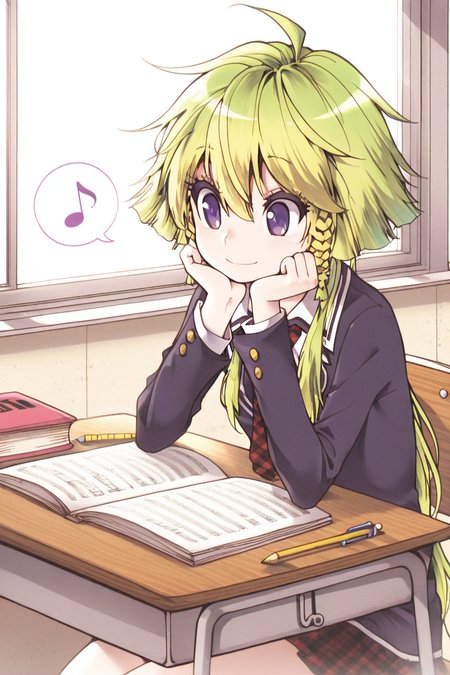 masterpiece, best quality, amazing quality,
 <lora:CrzNghbr_IL:1> crznghbr, 1girl, solo, musical note, purple eyes, green hair, school uniform, necktie, braid, spoken musical note, book, sitting, head rest, desk, long hair, window, smile, eighth note, pencil, short hair with long locks, school desk, blonde hair, mnchr