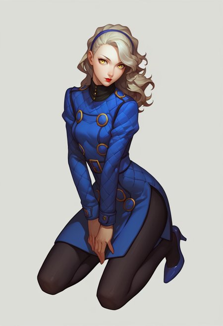 score_9, score_8_up, score_7_up, source_anime, 1girl, full body, pose, kneeling, <lora:zs_MargaretXL:1> margaretp4, long hair, yellow eyes, headband, dress, long sleeves, black pantyhose, high heels, lipstick, pinup \(style\), simple background