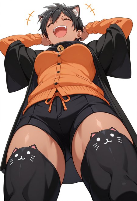 masterpiece,high quality details, absurdres,
laughing, 
<lora:Kanie_Kusagakure:0.8> kanie_cnr, 1girl, black hair, short hair, dark skin, muscular, medium breasts,, simple background, white background, from below,solo,, haori  ,cardigan,bell-bottom pants,  ,animal ear legwear thighhighs,