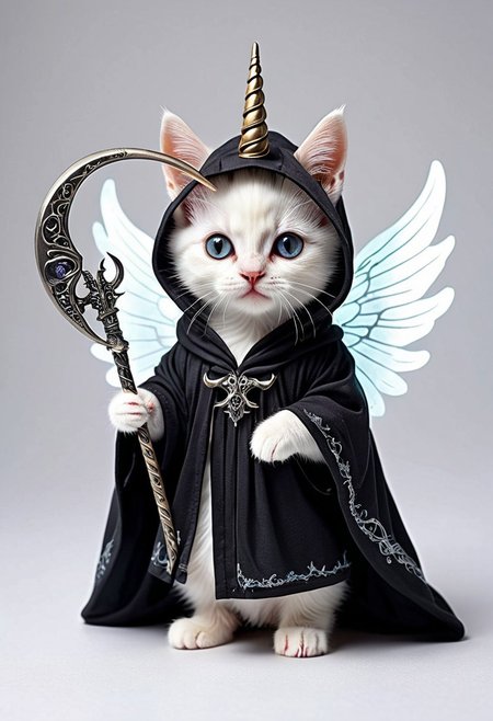 Let's craft a striking and unique t-shirt design featuring an eerie twist on a unicorn kitten dressed in a reaper costume, all set against a crisp white background. Picture a small, adorable kitten with a unicorn horn protruding from its forehead, its eyes glowing with an otherworldly light. The kitten is clad in a dark, flowing reaper robe, complete with a hood that casts shadows over its face, adding a mysterious and haunting vibe to the design. Delicate, ethereal wings sprout from its back, shimmering with a ghostly iridescence. The kitten holds a tiny scythe in its paw, the blade gleaming ominously against the white fabric of the robe. Behind the creature, a soft, ethereal mist swirls, hinting at a realm beyond the mundane. This juxtaposition of cute and eerie elements creates a captivating visual contrast that is sure to intrigue and captivate onlookers when printed on a white t-shirt.