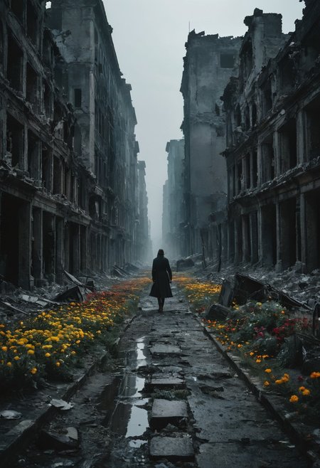Capture the aftermath of a war with a lone figure walking through a destroyed urban landscape, flowers blooming in the cracks. Use a Nikon Z7 II with a 24-70mm f/2.8 lens. Utilize a cold blue and grey color grading to evoke a chilling, melancholic mood. Emphasize striking details of the ruins and the contrast between the destruction and the flowers. Add black bars for a cinematic film style. .striking details.