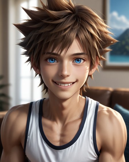 score_9, score_8_up, score_7_up, intricate details, rating_questionable,
<lora:homri52:1>
,
<lora:Sora_KH_-_Pony2:0.8>, 1boy(sora, male focus, solo, blue eyes, brown hair, spiked hair,, looking at the viewer, solo, happy, 
portrait, face focus, tank top), cozy living room,
highres,
detailed background, depth of field, 
<lora:ral-chrosc-clr:0.5>, ral-chrosc-clr,
<lora:Expressive_H:0.5>, Expressiveh,
<lora:xl_more_art-full_v1:0.3>,
<lora:add-detail-xl:0.3>,