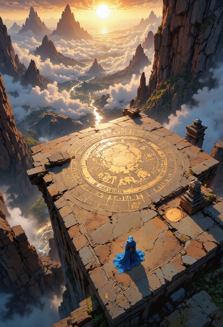 A majestic high fantasy scene atop a vast, sacred dueling platform carved into the peak of a towering mountain â the site of an ancient, legendary trial called the Challenge of Champions. The stone floor is pale and weathered, cracked from the force of magical duels over centuries. Mist clings to the edges, and massive statues of forgotten heroes stand like sentinels along the perimeter, partially shrouded in fog.
At the center of the platform lies a raised stone slab. It is inscribed with glowing ancient text, a five-line magical poem:
âTrusted Words
Known Words
Renounce Once.
Renounce Words Known.
Wordsâ¦ trustedâ¦â
Below the poem, a final word â âOnce.â â is etched alone, breaking the symmetry. The glowing letters pulse softly with faint magical energy.
Near the slab lies a fallen man dressed in a regal blue generalâs uniform with gold trim, lifeless, as if struck down in the moment of revelation or sacrifice. The morning light glows golden, casting soft highlights across the stone. Mist swirls gently, and distant, cloud-draped mountain peaks loom in the background like quiet guardians.
Mood: sacred, mysterious, and somber. Lighting: golden sunrise with soft magical illumination. Style: painterly, epic fantasy realism.