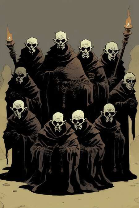 <lora:Mike Mignola Style:1>Mike Mignola Style - a mike mignola illustration of a group of friars that have become demonic lakeyes