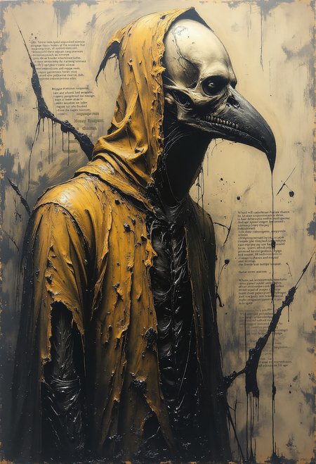 A haunting depiction of a bird-like figure with a skeletal face, wrapped in a tattered dark yellow cloak that blends into chaotic, textured brushstrokes. The stark white skull mask dominates its features, with a sharp bird-like beak extending unnaturally, giving the figure a surreal and unsettling presence. The muted background of grays and whites is faintly marked with fragmented text, scattered and indistinct, as though whispers of forgotten words have been etched into the scene. Paint drips and splatters enhance the figure's angled posture, creating a sense of raw movement and emotion. Thick impasto textures and dramatic lighting draw the viewer's eye to the figure's form, heightening the contrast between its ominous silhouette and the fragmented text behind. This gothic surrealist piece immerses the viewer in an enigmatic, melancholic atmosphere, where every detail hints at untold stories. <lora:paintart-style-006-v1-0-flux.safetensors:0.15>, <lora:- Flux1 De-Distilled - temp_haunting_cre_1.0.safetensors:0.75>, <lora:we-br-v2.safetensors:0.75>,