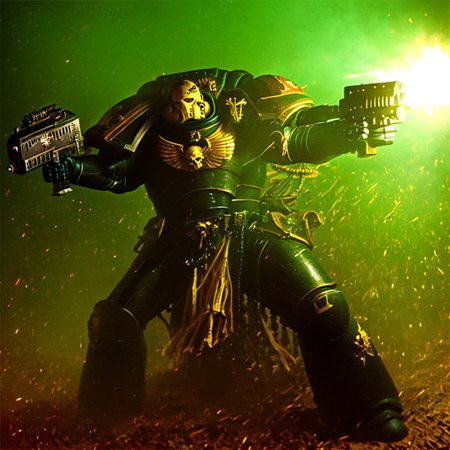 Score_9_up, absurdres, source: GamesWorkshop, grimdark, gothic horror, an adeptus astartes space marine in armor and helmet, he is firing a bolter gun
